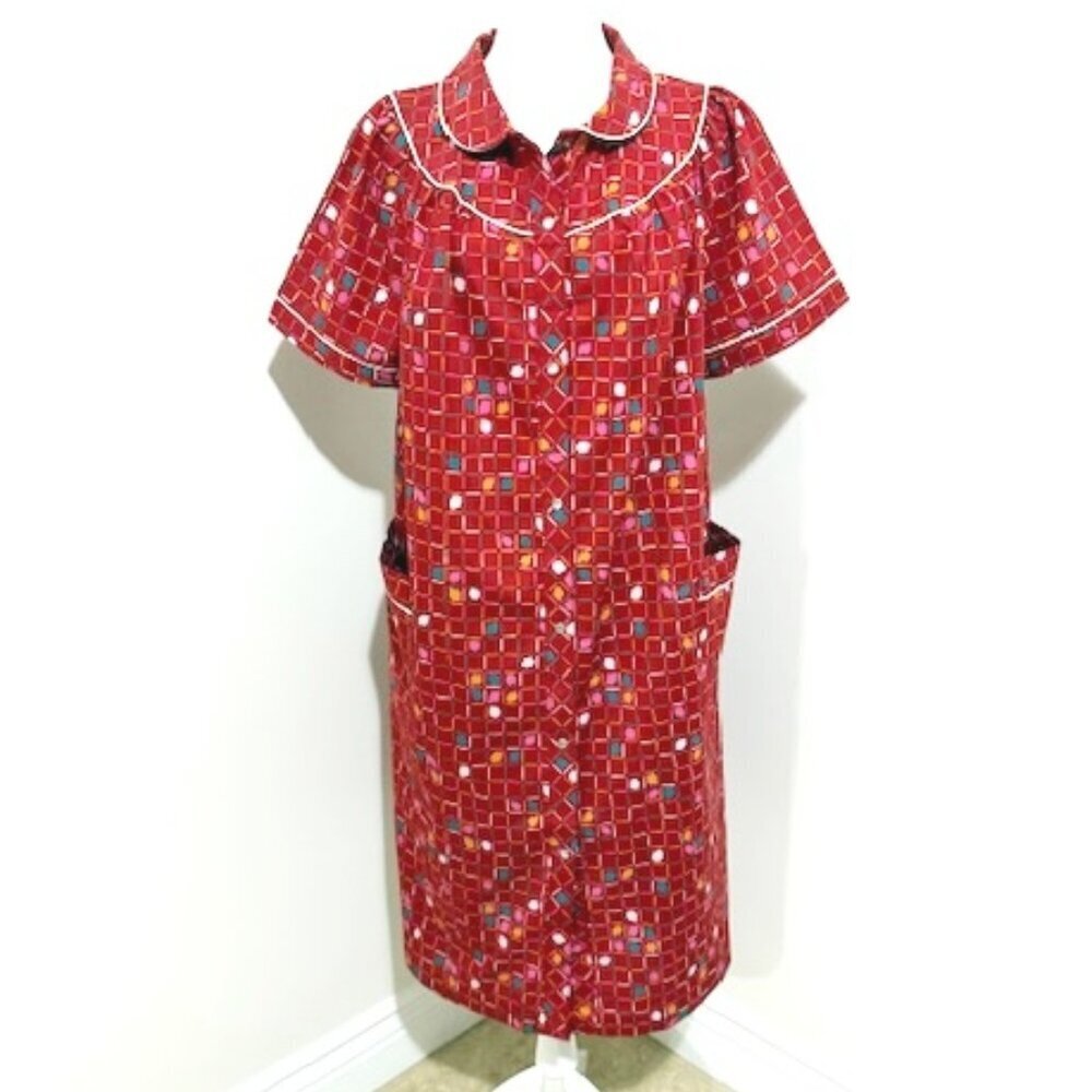 Sears Comfort Coat Vintage Red House Dress Muumuu Front Snaps & Pockets 2XL